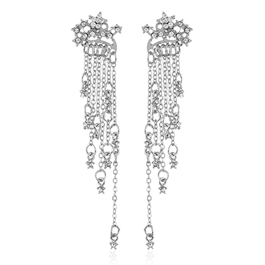 Chain Tassel Rhinestone Embellished Silver Earrings