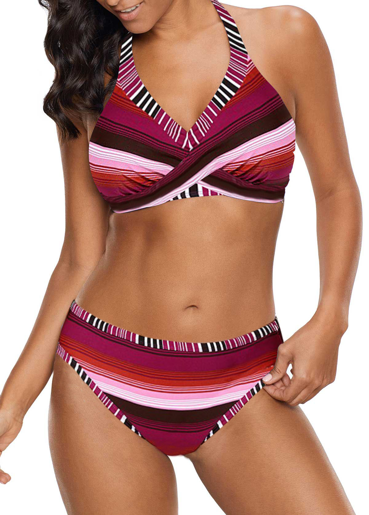Multi Stripe Halter Twist Front Bikini Set
