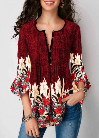 Split Neck Three Quarter Sleeve Printed Blouse - M