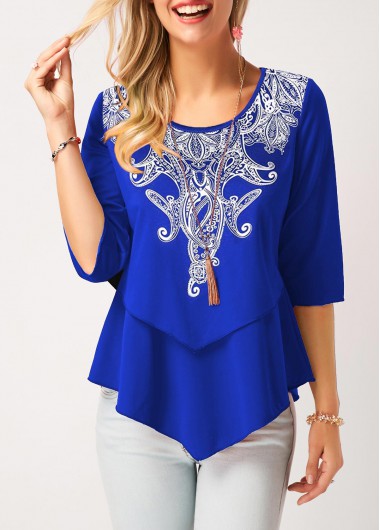 Asymmetric Hem Round Neck Layered Blouse - M