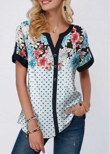 Split Neck Button Front Dot Print Blouse - XL