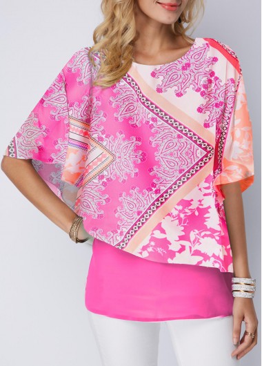 Round Neck Faux Two Piece Printed Blouse - M