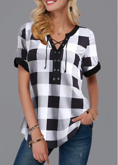 Modlily Women's Short Sleeve Black And White Plaid Top Lace Up Front Plaid Print Blouse - M