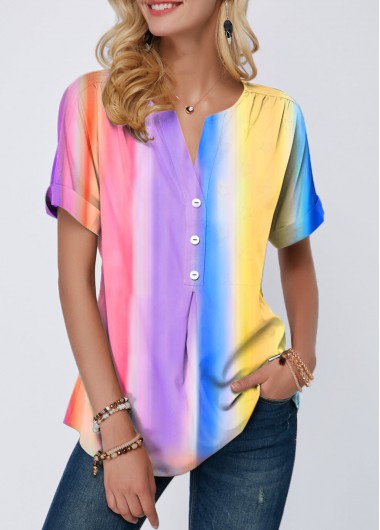 Modlily Rainbow Color Tie Dye Print Button Detail Blouse - S