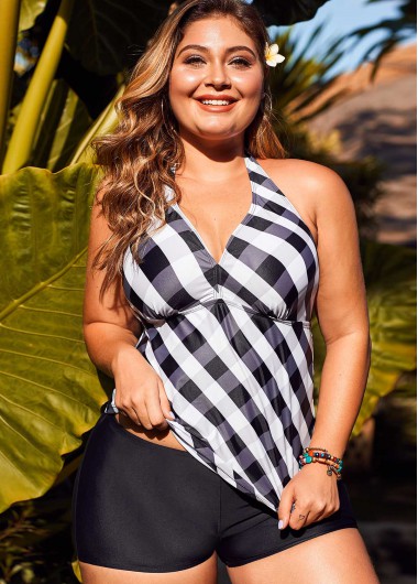 Plus Size Plaid Print Halter Neck Tankini Set - 3X