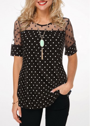 Polka Dot Mesh Patchwork Short Sleeve Blouse - M