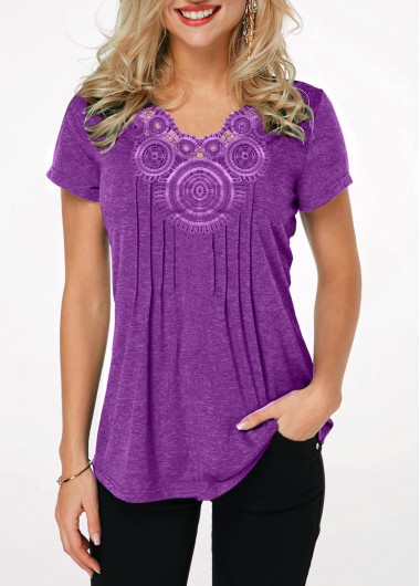 Modlily Women&apos;s Purple Casual Tunic Top Lavender Crinkle Chest Short Sleeve T Shirt - M