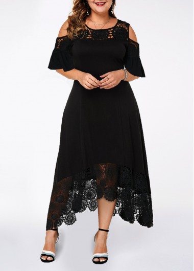 Plus Size Dress Cold Shoulder Dress Lace Patchwork Dress Party Dress Black Dress - 2X