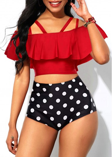 Modlily Ruffle Overlay Swimwear Top and Polka Dot High Waisted Panty - XL