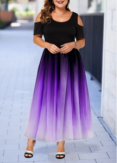 Plus Size Dress Cold Shoulder Dress Gradient Dress Ruched Dress Purple Dress High Waist Dress Elegant Dress - 0X