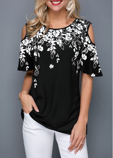 Modlily Floral Print Tunic Top for Women Cold Shoulder Flower Print Black T Shirt - XL