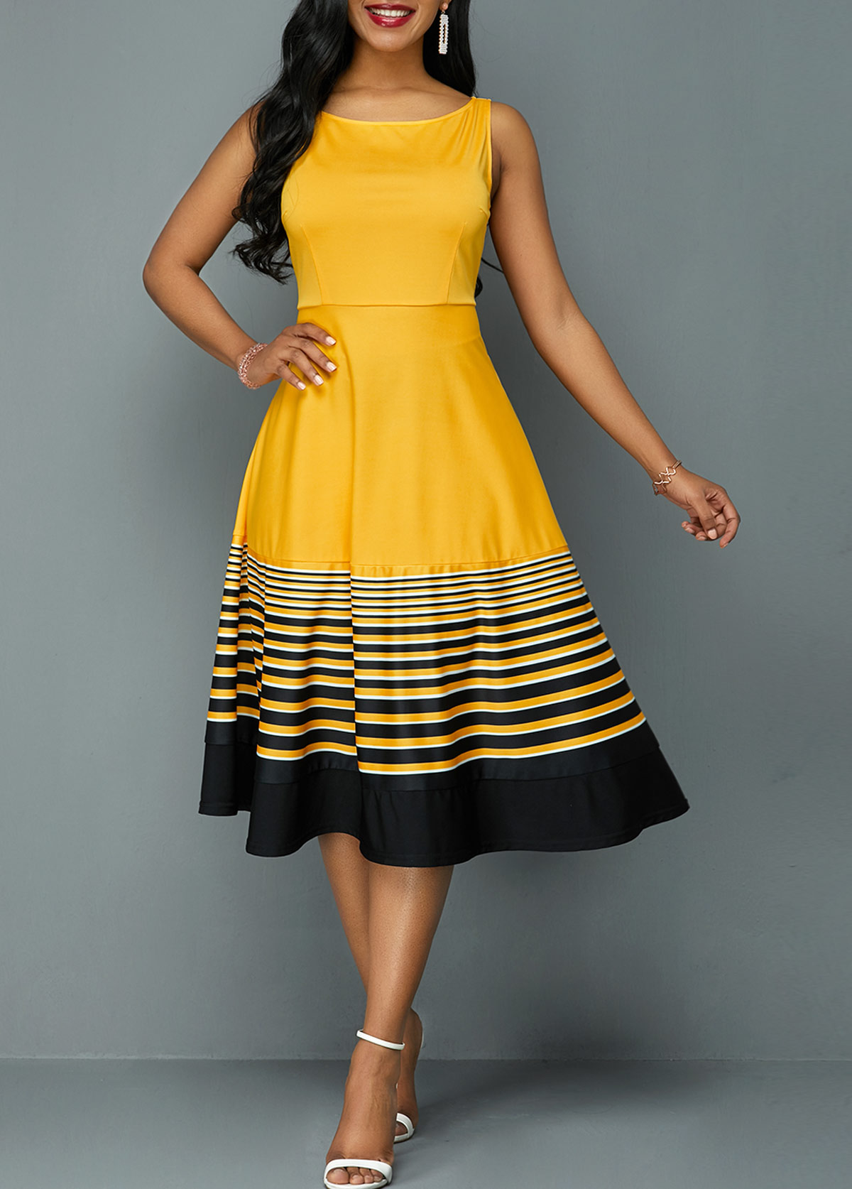 Stripe Print Sleeveless High Waist Dress