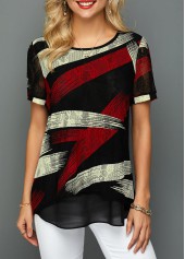 Printed Curved Hem Color Block Lace T Shirt