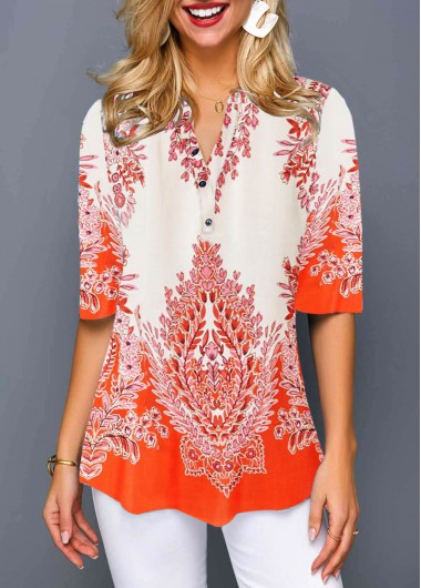Split Neck Half Sleeve Printed Blouse - L