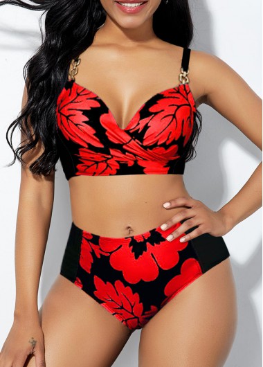 Modlily Black Red Underwire Padded Swimsuit for Women Strappy Back Flower Print Mid Waist Bikini Set - XL