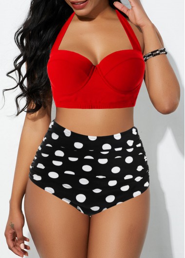 Modlily Halter Neck Polka Dot Print High Waist Bikini Set - XL