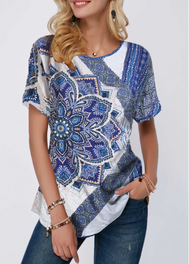 Curved Hem Mandala Print Short Sleeve T Shirt - XL