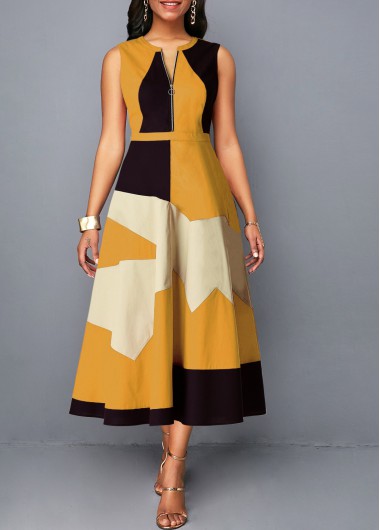 Half Zipper Sleeveless Geometric Print Dress - L