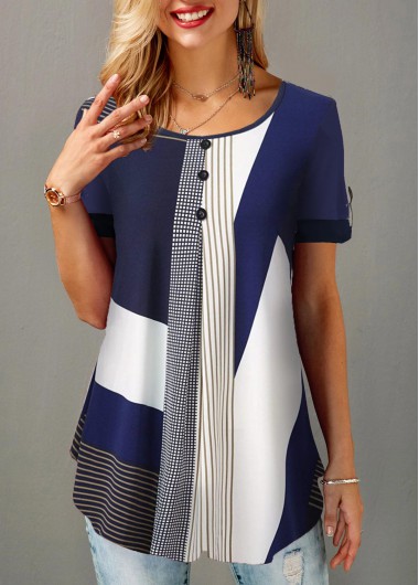 Short Sleeve Color Block Tunic Top for Women Geometric Print Button Detail Round Neck Blouse - XXL