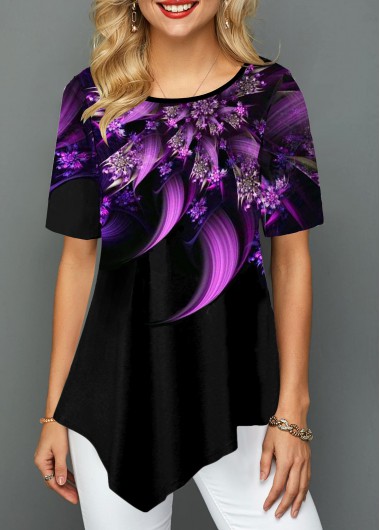 Black Blouse Tunic Top for Women Flower Print Asymmetric Hem Short Sleeve T Shirt - M