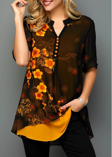Modlily Orange Vintage Shirt Floral Print for Women Color Block Split Neck Button Detail Printed Blouse - S