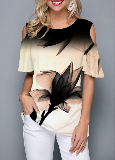 Art Floral Print Cold Shoulder Round Neck T Shirt - M