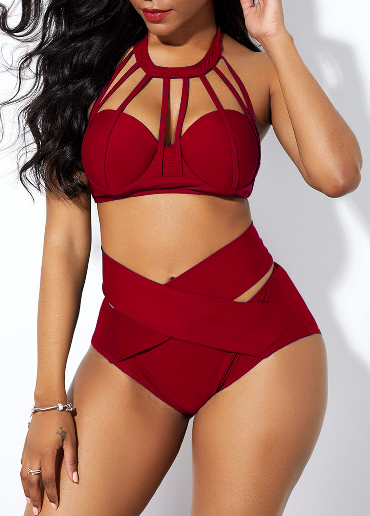 Cross Front High Waist Cage Neck Bikini Set | picture 