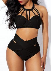Cage Neck High Waist Cross Front Bikini Set