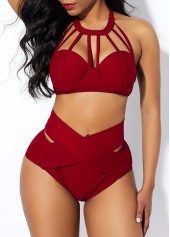 Cross Front High Waist Cage Neck Bikini Set
