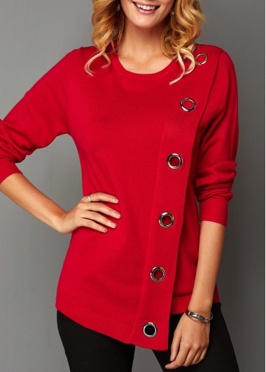 Modlily Women's Red Eyelet Detail Asymmetric Hem Long Sleeve Sweater - L