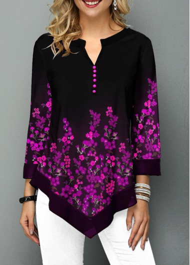 Split Neck Flower Print Asymmetric Hem Blouse - XL
