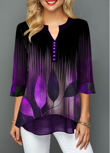 Split Neck Leaf Print Button Detail Blouse - M