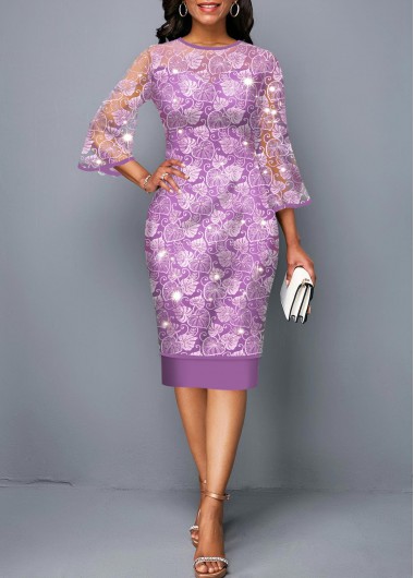 Three Quarter Sleeve Round Neck Purple Lace Dress - XXL