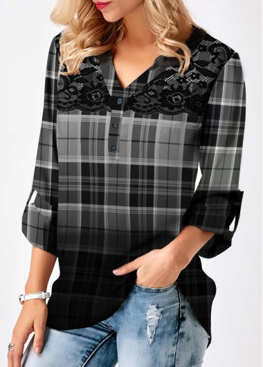 Lace Panel Plaid Print Roll Tab Sleeve Blouse - XL