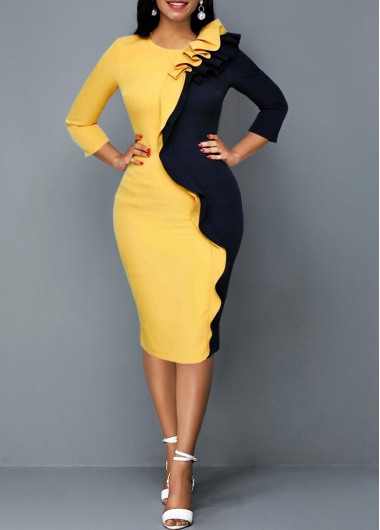 Color Block Ruffle Trim Round Neck Dress - L