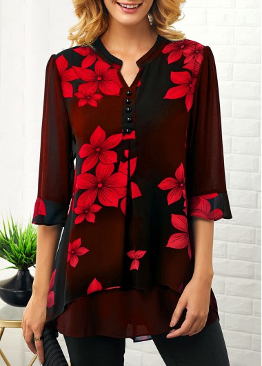Split Neck Button Detail Flower Print Blouse - XXL