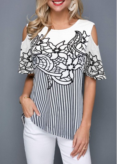 women clothes image of Flower Print Cold Shoulder Striped Blouse