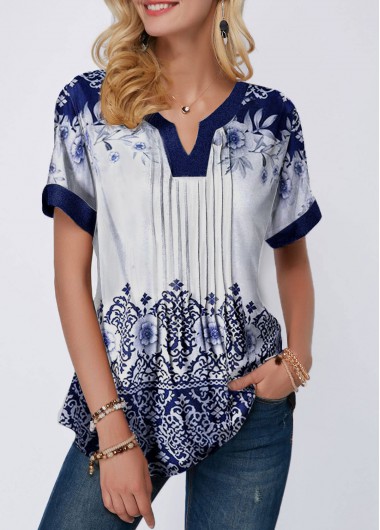 Retro Print Split Neck Pleated Blouse - XL