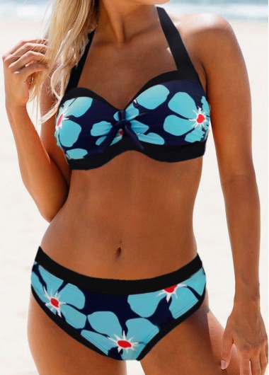 Modlily Flower Print Cutout Back Halter Bikini Set - XXL