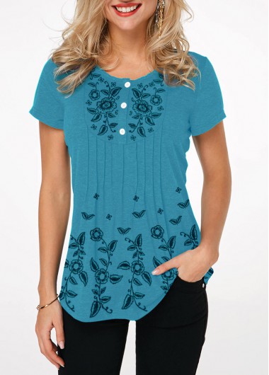 Modlily Crinkle Chest Button Front Printed T Shirt - XL
