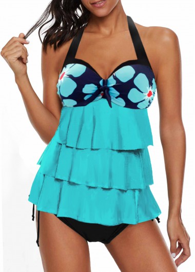 Flower Print Layered Hem Bowknot Detail Tankini Set - L