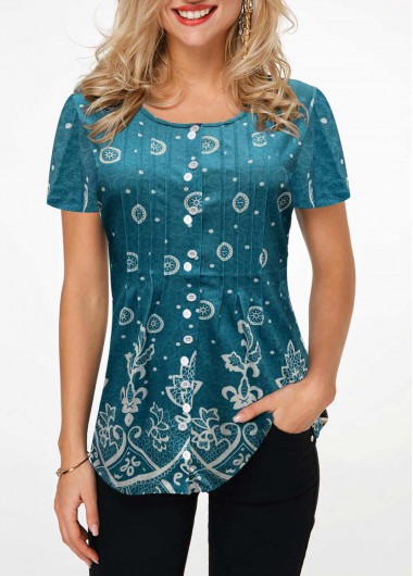 Printed Button Front Round Neck Blouse - XXL