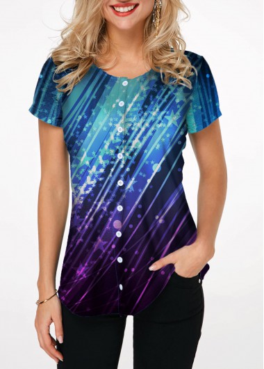 Button Up Dazzle Color Short Sleeve T Shirt - M