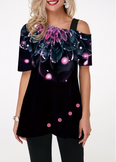 Black Blouse Tunic Top for Women Dazzle Color Floral Print Short Sleeve T Shirt - M