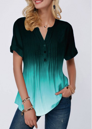 Women's Split Neck Button Detail Crinkle Chest Short Sleeve Casual Blouse Tunic Top - L