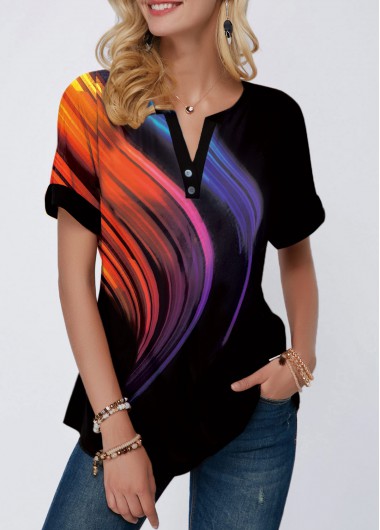 Split Neck Button Detail Printed Blouse - L