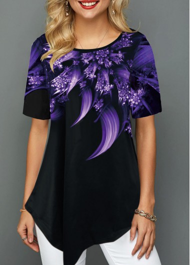 Asymmetric Hem Printed Round Neck T Shirt - XL