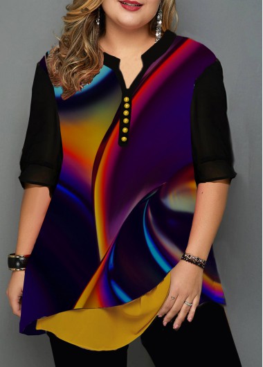 Plus Size Split Neck Button Detail Printed Blouse - 2X