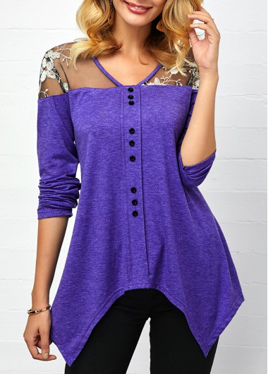 Asymmetric Hem Button Detail Mesh Panel T Shirt - XXL