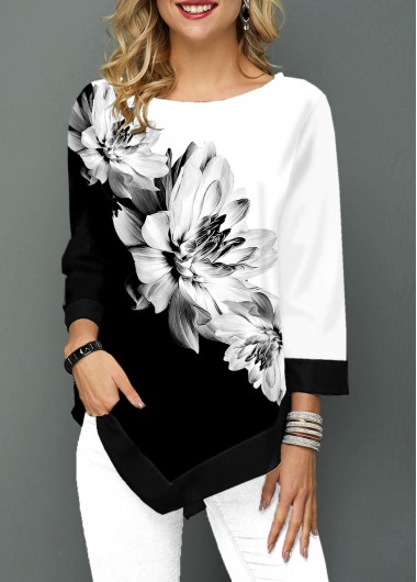 Asymmetric Hem Flower Print Three Quarter Sleeve T Shirt - M